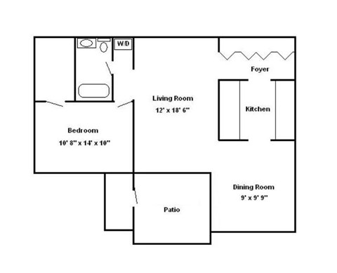 Floor plan for 1 bed, 1 bath, 838 sqft